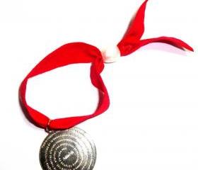 Red Hair Tie Elastic Bracelet with 18k gold-filled Padre Nuestro pendant r