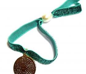 Sparkle hair Tie Elastic Bracelet with 18k gold-filled Padre Nuestro Charm 